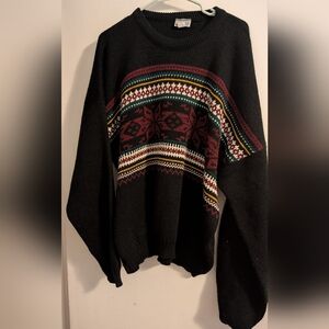 Classic Black Crewneck Sweater with Red and Green Accents